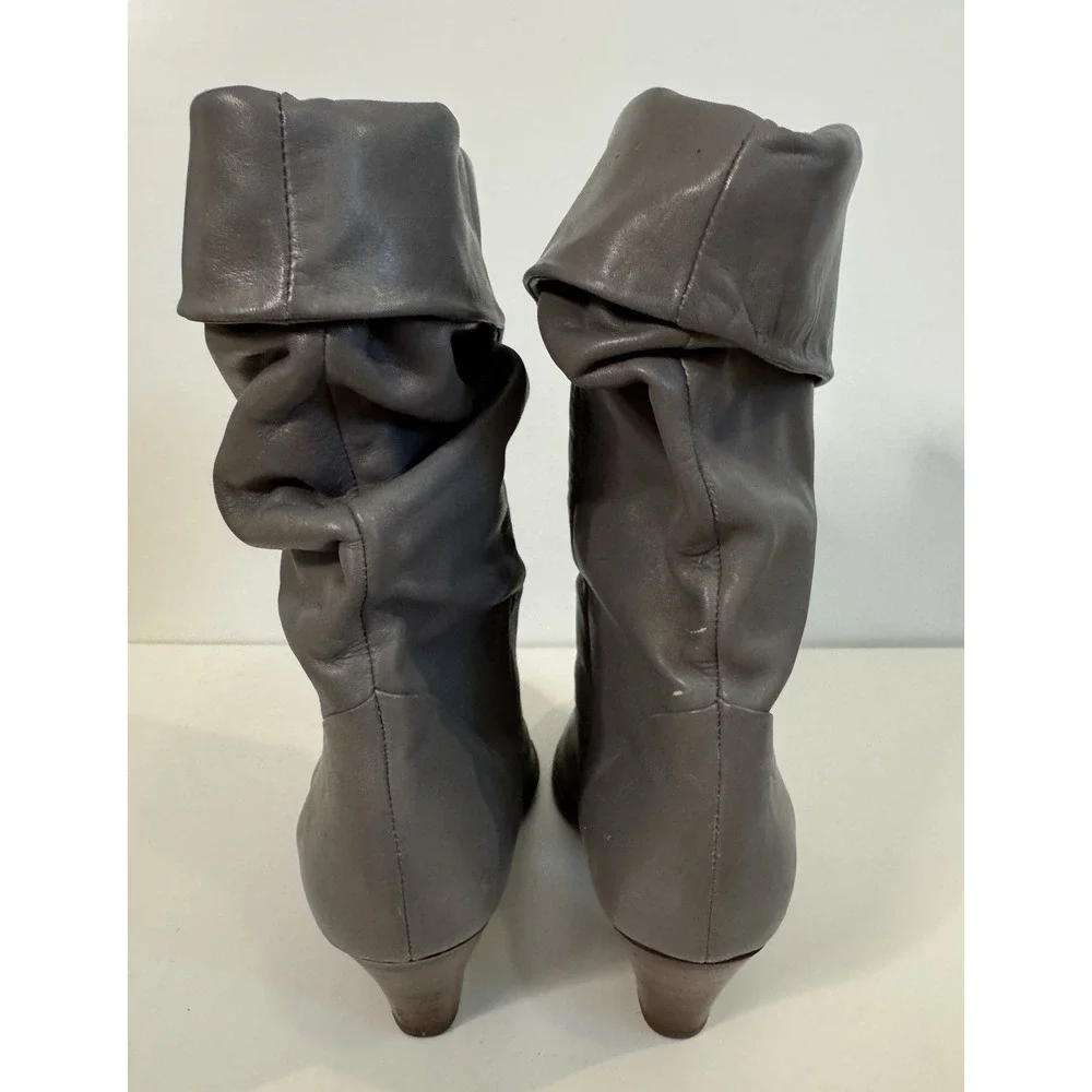 Vintage Gray Leather Slouch Fold Over Mid Calf Boots Pointed Toe Women's 7.5